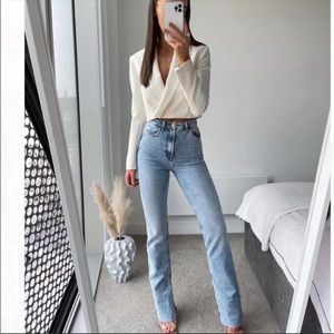 zara high rise split hem slim flare jeans